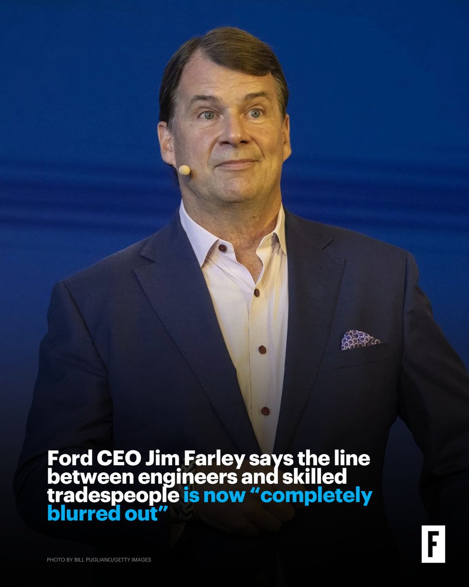 Fortune500's tweet photo. Ford CEO Jim Farley told Fortune in Detroit this week that the line between engineers and hourly skilled-trades workers “is completely blurred out” as software, robotics, and machine learning reshape the assembly line. #CEODaily 
https://t.co/ZSD7M02VH3 https://t.co/vPpmhV6oFC