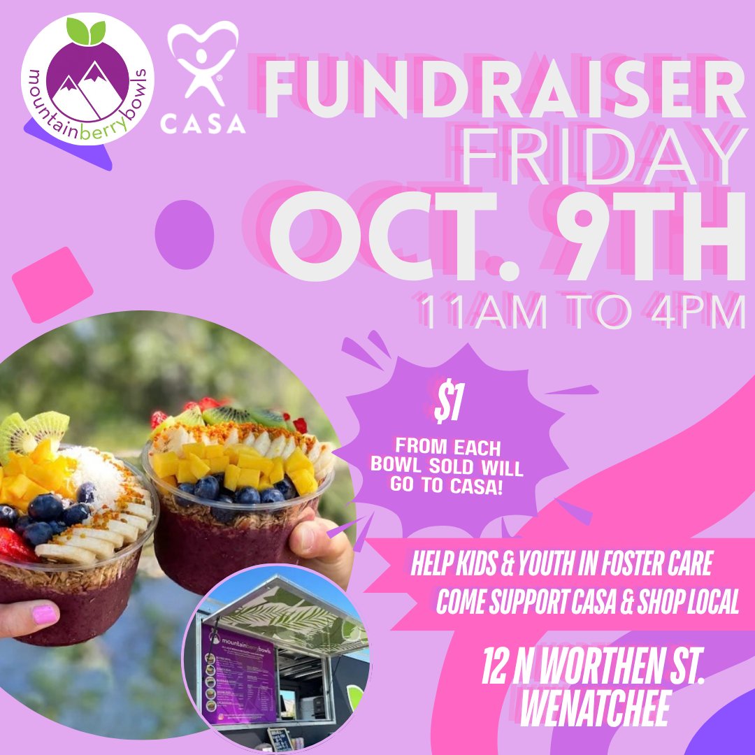 cdCASA's tweet photo. 🥣💙 Enjoy a delicious bowl at Mountain Berry Bowls in Wenatchee on Oct. 9 and support CASA! $1 from every sale goes to help kids in foster care. Stop by anytime 11am–4pm and make a difference! #CASA #WenatcheeWA #Fundraiser #GiveBack #ShopLocal https://t.co/9GZDHErGPg