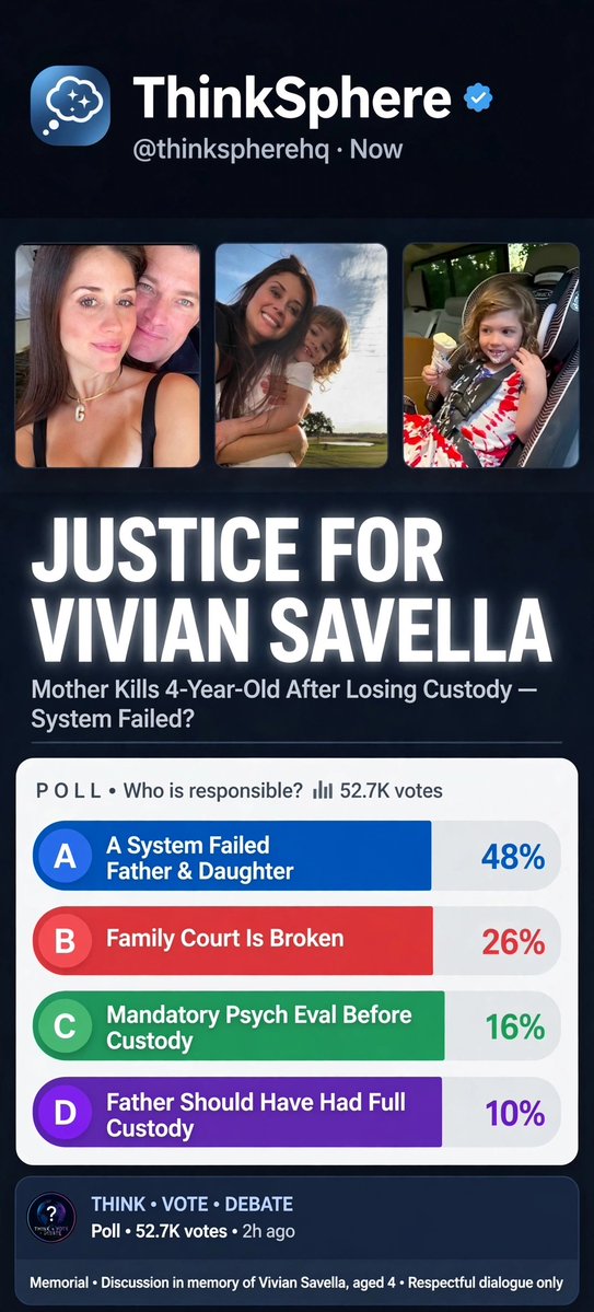 thinkspherehq's tweet photo. Hours later, she was gone. 💔

And now a father who did EVERYTHING the law asked of him is burying his little girl.

Say her name. VIVIAN SAVELLA. She was only 4 years old.

According to reports from West Houston, Vivian's mother shot and killed her just HOURS after the father was granted custody. She lost the custody battle — and took her daughter's life in retaliation.

This is Terra Reserve. This is America in 2026.

A 4-year-old girl eating ice cream in her car seat. A happy little girl who loved life. Gone because the system didn't protect her in time.

WE DO NOT HAVE TO LIVE LIKE THIS!!!!!!

This is not just a custody dispute. This is a failure of the system that is supposed to protect our children.

🕯️ JUSTICE FOR VIVIAN SAVELLA

The father did everything right. He went to court. He followed the law. He won custody legally. And the system still left his daughter vulnerable for those critical hours.

What needs to change so this NEVER happens again?

A) System Failed Father & Daughter — 48%
B) Family Court Is Broken — 26%
C) Mandatory Psych Eval Before Custody — 16%
D) Father Should Have Had Full Custody — 10%

52.7K of you have already voted. What's your view? The father community is heartbroken.

Should family court require mandatory mental health screening before custody handovers? Should fathers have more rights? Should there be immediate protection when custody is transferred?

Comment A, B, C, D below and SAY HER NAME.

We need to have a national conversation about protecting children during custody transitions.

RIP Little Angel Vivian Savella 👼💔 4 years old, too young, too innocent.

If you are a father fighting for your child — we see you. If you are a mother who puts your kids first — we see you. This is about the CHILDREN.

THINK. VOTE. DEBATE. But do it respectfully. For Vivian.

#JusticeForVivian #VivianSavella #SayHerName #FamilyCourtReform #FathersRights #ProtectOurChildren #WestHouston #TerraReserve #ThinkSphere #ChildCustody #USA #BreakingNews #Viral