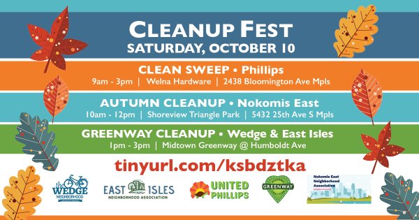 HOTC's tweet photo. Join neighbors for the 4th annual Wedge &amp; East Isles Greenway Cleanup on Sat, Oct. 10 (1–3 PM) near Humboldt Ave S in Minneapolis! Enjoy free food, all supplies provided, rain, snow, or shine. Bring a bike to cover more ground! Register here:
https://t.co/SKODWG4NnS https://t.co/LlBFODuHMH