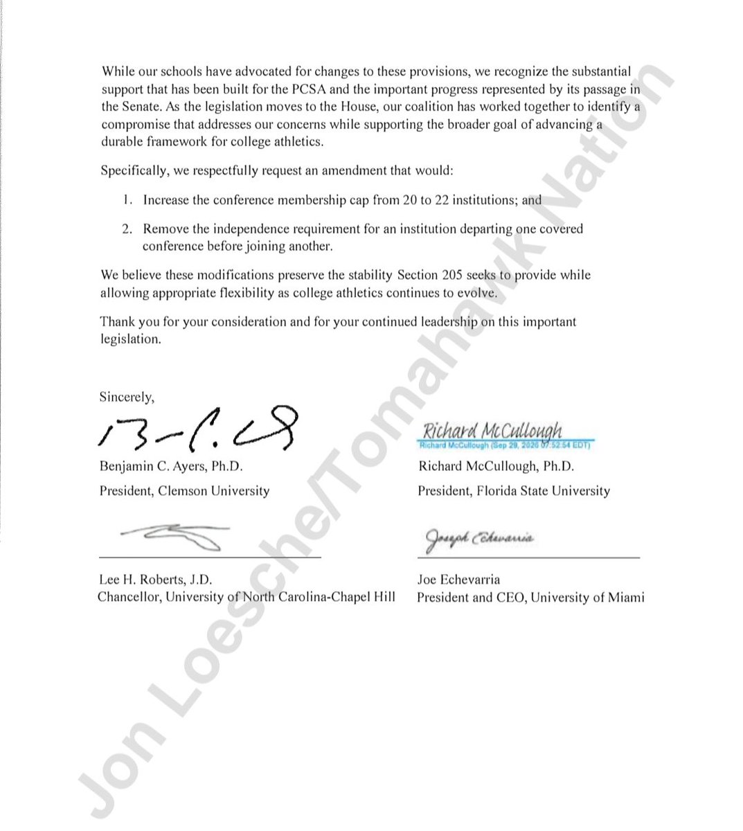 jloesche88's tweet photo. Exclusive: Tomahawk Nation has obtained a letter addressed to House Speaker Mike Johnson and signed by the presidents of Florida State, Clemson, UNC, and Miami.

It asks the House to drop the independence requirement from Section 205 of the Protect College Sports Act and to increase the conference membership limit to 22. Full story coming