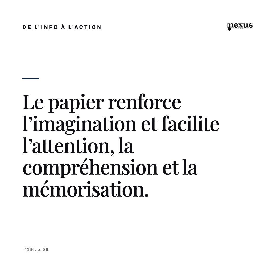 MagazineNexus's tweet photo. Le papier renforce l’imagination et facilite l’attention, la compréhension et la mémorisation.

Pendant ce temps, l’usage compulsif des écrans est devenu un motif de consultation en addictologie.

n°166, en papier, article de Corinne Dupré. Le sommaire :

https://t.co/xawvMXHfvg https://t.co/R94T3mkVCC