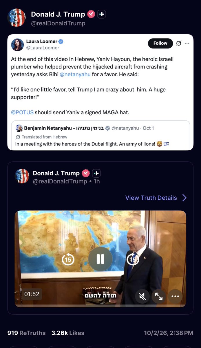 LauraLoomer's tweet photo. President Trump just posted my tweet about the heroic Israeli plumber Yaniv Hayoun on Truth Social! 

Something tells me Yaniv will be hearing from President Trump very soon! 🇺🇸 https://t.co/u5HElOm6kt