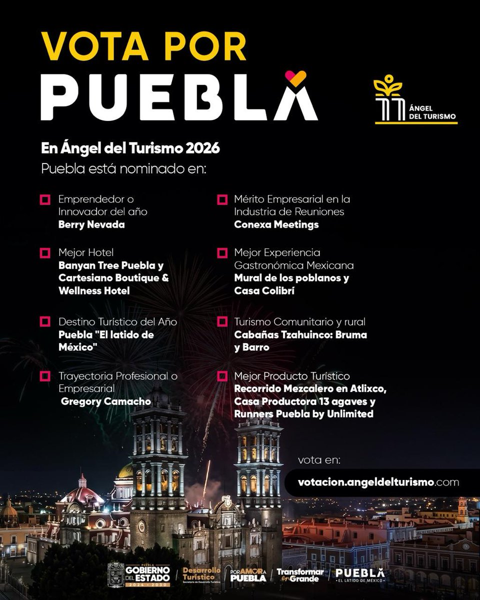 UNICREAPue's tweet photo. 🪽✨ Puebla está nominada en los premios #ÁngelDelTurismo 2026

¡En el @Gob_Puebla celebramos y reconocemos a quienes fortalecen el turismo en Puebla!

🗳️ Ingresa y vota aquí: https://t.co/OfnaQVJokB  

#PorAmorAPuebla #TransformarEnGrande https://t.co/wzY0oxWJuN