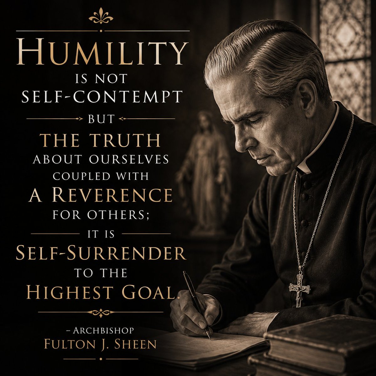 FultonSheenPGA's tweet photo. "Humility is not self-contempt but the truth about ourselves coupled with a reverence for others; it is a surrender to the highest goal." -Blessed Fulton J. Sheen #FultonSheen #FultonSheenApostolate #CatholicQuotes https://t.co/byHHrQ93G5