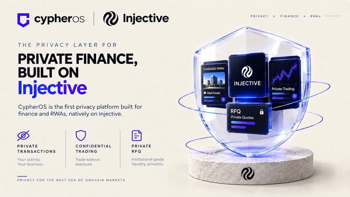 Hibee_Fi's tweet photo. @injective just gave us the first look at CypherOS

And honestly, this is one of the more interesting directions the ecosystem is taking

For years, transparency has been one of crypto’s biggest strength

But in finance, complete transparency can also become a weakness

Imagine executing a large trade while everyone can see the size, destination and activity onchain

Or an institution wanting to tokenize an asset without exposing every sensitive detail publicly

That is where CypherOS comes in

It is being built as a native privacy layer for Injective, with the goal of supporting;

~ Shielded transactions
~ Confidential trading
~ Private RFQ flows
~ Privacy for tokenized assets

The first demo already gives us a glimpse of the idea; assets can move into a shielded balance before being transferred privately

And the bigger picture is what caught my attention

Injective has been building infrastructure around trading, tokenization and institutional finance

Now privacy is being added to that stack

That could make a meaningful difference for users who need confidentiality without giving up the benefits of onchain settlement

Especially when you think about institutions, large traders and tokenized real world assets

Injective already has infrastructure for tokenization, including permissioning, compliance controls and financial utility across trading and lending

CypherOS adds another piece to that puzzle;

Private financial activity, powered by $INJ

The full architecture and broader rollout are still ahead, so there is plenty left to see

But this first look makes one thing clear

The next phase of onchain finance may not be about choosing between transparency and privacy

It could be about having both, when each is needed

CypherOS is coming

And it’s powered by $INJ🥷