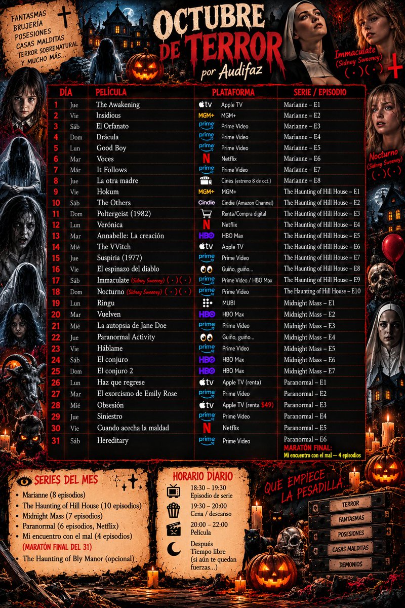 Audifaz_'s tweet photo. Les paso mi calendario de series y películas de terror para el mes de octubre. Aclaro que son series y películas que me gustan A MÍ, así que no empiecen a chingar con que "x" o "y" es mejor. Solamente falta la película "La otra madre" que va a salir en el cine la próxima semana. https://t.co/feXYwbPxfK