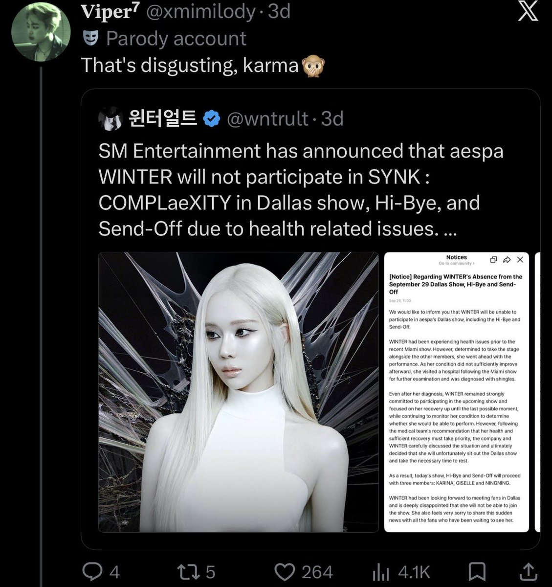 rronoova's tweet photo. @Alsassasa_SaQ @jksblackard @Sharon2bt @xmimilody “Idols in general” you never cared because if you did youd realise op literally harrasses winter (the ONLY unproblematic aespa member) just because she got a dating rumor with a bts member im not sure who tho. Please dont be performative https://t.co/UU71PYiBfJ