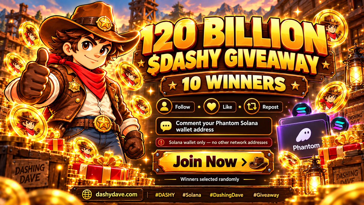 DashingDaveGame's tweet photo. 🔥 120 BILLION $DASHY GIVEAWAY 🤠
10 winners will share 120,000,000,000 DASHY 🎁
✅ Follow
❤️ Like
🔁 Repost
💬 Comment your Phantom Solana wallet

⚠️ Solana wallets only
Winners selected randomly.
#DASHY #Solana #DashingDave #GiveawayAlert https://t.co/2FZGaWh0Em