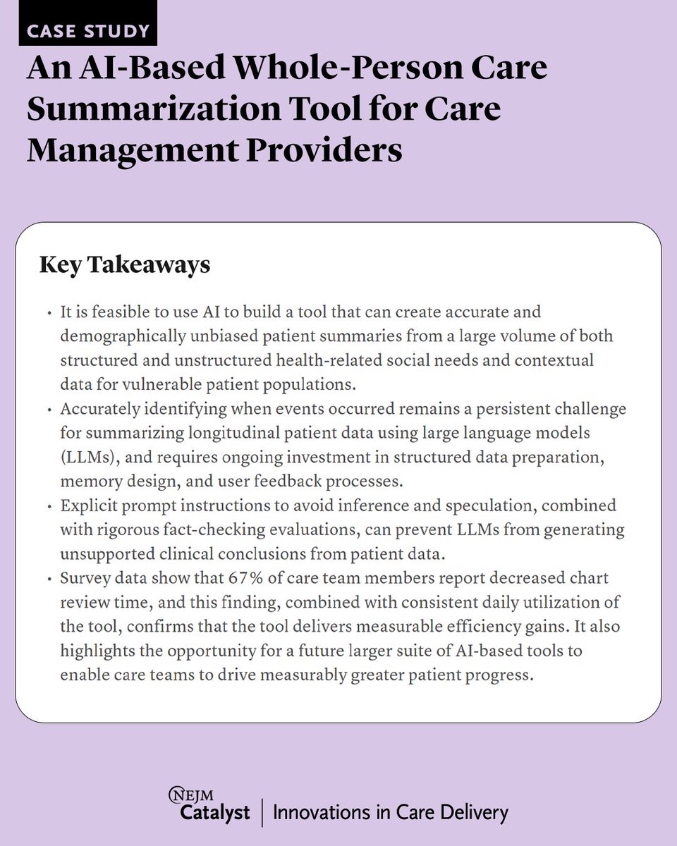 nejmcatalyst's tweet photo. To more efficiently synthesize lengthy patient charts comprising demographics, medical and behavioral history, health-related social needs, care team interaction history, and care plan info, Pair Team developed and deployed an AI Patient Summary tool. 👉 https://t.co/p1qKXBxcIe https://t.co/65JhZTf041