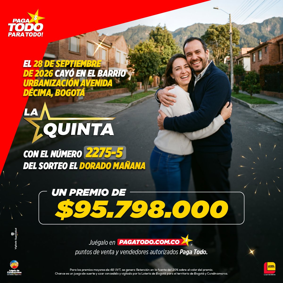 pagatodo's tweet photo. 🍀 La suerte sigue premiando. Esta vez, La Quinta cayó en Bogotá con un premio de más de $95 millones. Tú podrías ser el próximo ganador. ¡Juégala en Paga Todo y apuesta por tu número de la suerte!❤️ https://t.co/PAEYqWVYUM