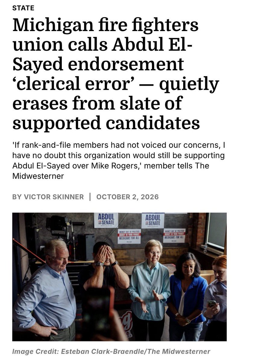 DSA_Watch's tweet photo. A Michigan Fire Fighters Union has withdrawn support for Abdul El-Sayed due to his support for defunding the police and abolishing prisons https://t.co/cedRAHwFDV
