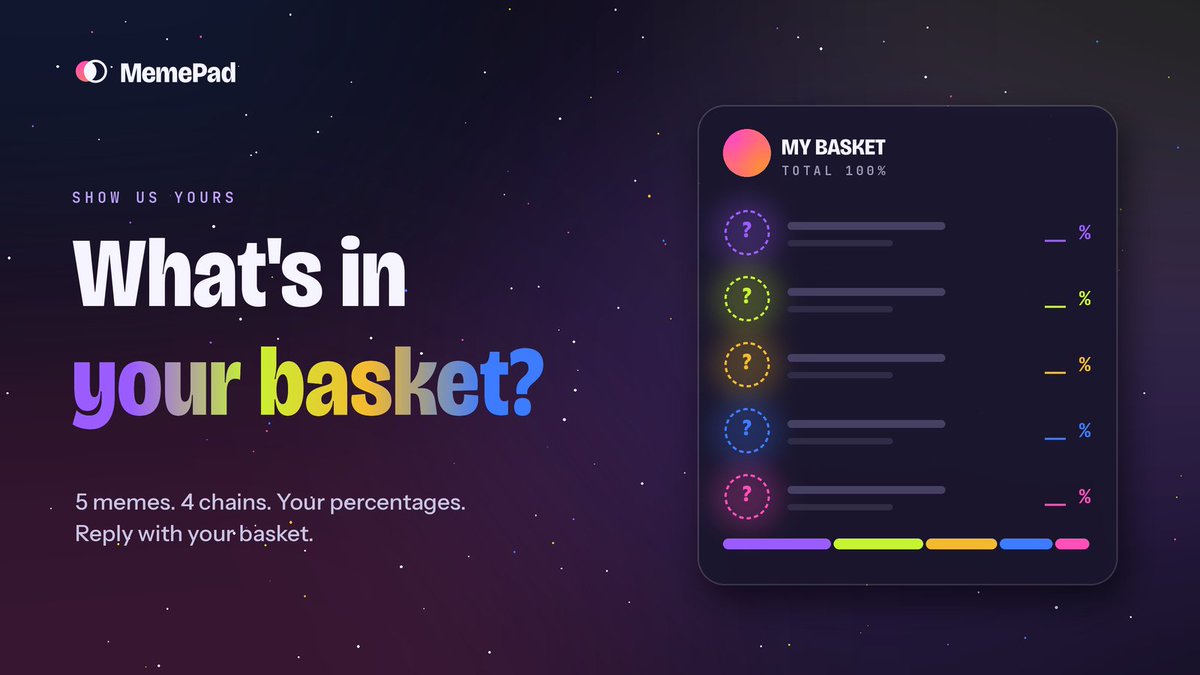 useMemePad's tweet photo. What's in your basket?

You get 5 memes from Solana, Robinhood Chain, BNB Chain and Base. Percentages must add up to 100.

Reply with yours. Example:

FARTCOIN 30
CASHCAT 25
BRETT 20
FLOKI 15
BONK 10

We'll feature the best baskets. https://t.co/Vxqyj300HG
