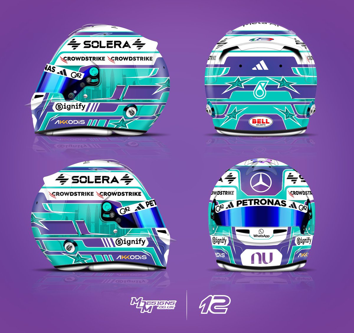 mdm_designs's tweet photo. Sepang Special for Kimi Antonelli in Petronas Green and Purple 🤍

Celebrating the return of Malaysia with a helmet celebrating Petronas and Kuala Lumper 🏁

#Sepang #BahrainGP @MercedesAMGF1 https://t.co/28bxyhTdCK