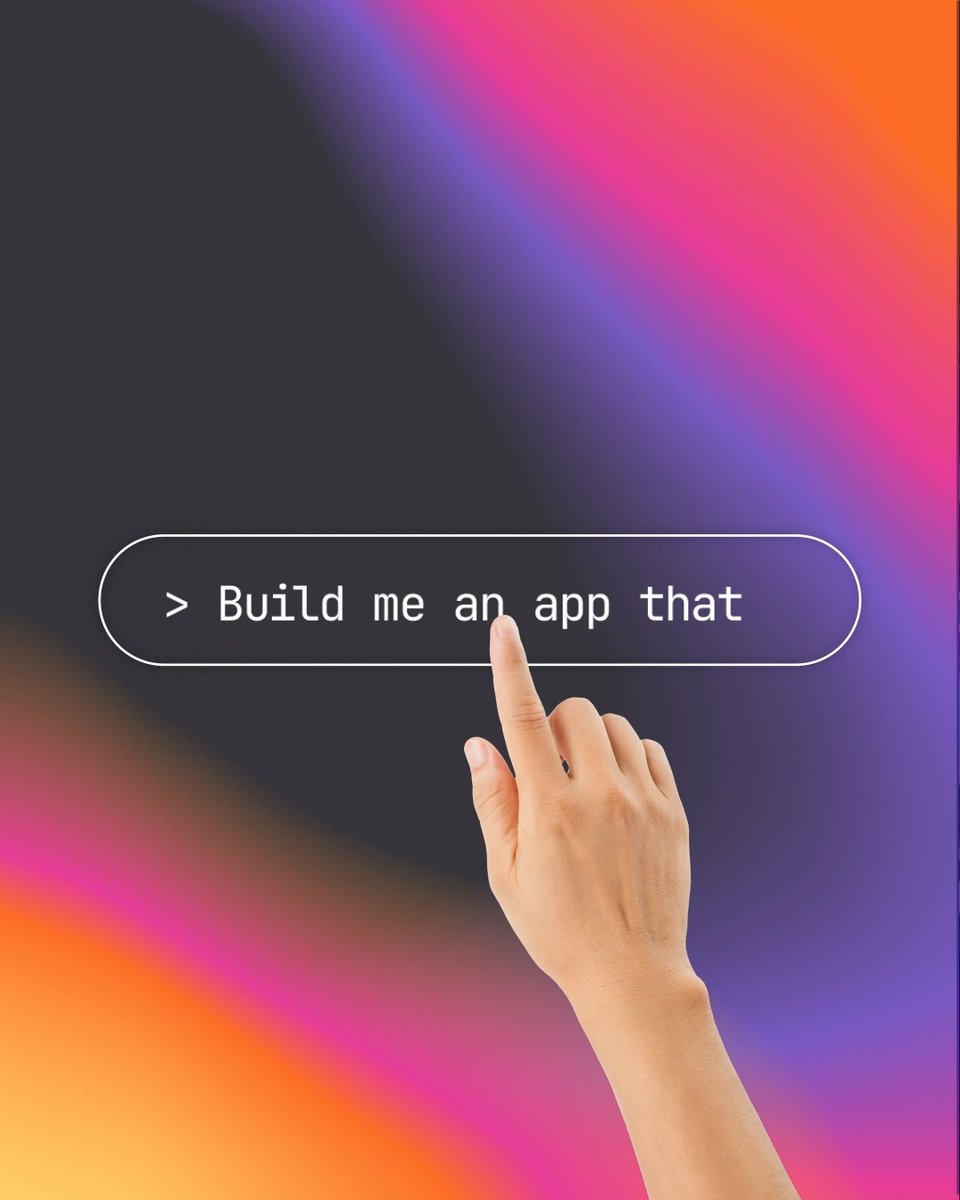 A hand points at a search bar containing the text '> Build me an app that' against a vibrant gradient background.