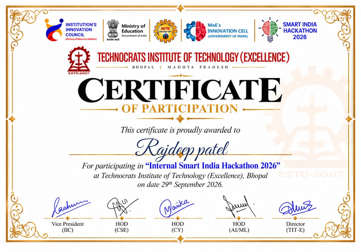 Rajdeep5085348's tweet photo. Cleared the SIH 2026 internal round at TIT Bhopal! 🚀

Team SYGNIFIX's EcoBite: AI + IoT to prevent kitchen food waste &amp; send surplus to NGOs.

PS: SIH26234
Proud to be Team Lead. Wish us luck for the next round 🤞

#SIH2026 #SmartIndiaHackathon #sygnifx https://t.co/cuiTFKUmlt