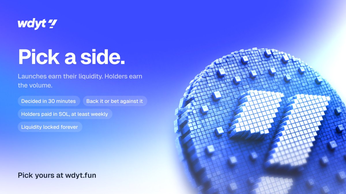 wdytfun's tweet photo. Launches earn their liquidity. Holders earn the volume.

• Decided in 30 minutes
• Back it or bet against it
• Liquidity locked forever
• Holders paid in SOL, at least weekly

https://t.co/mkJYUPe8KG https://t.co/6StuI9rhJv