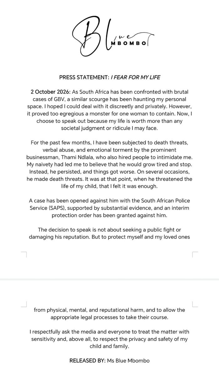 MDNnewss's tweet photo. BREAKING NEWS 🚨 

Blue Mbombo Says She Fears For Her Life, Opens SAPS Case Against Thami Ndlala

Blue Mbombo has broken her silence. In a statement titled “I Fear for My Life,” the model says she has opened a SAPS case against businessman Thami Ndlala over alleged death threats, harassment and intimidation  and that an interim protection order has been granted. 

She says the threats extended to her child, and asks the media to respect her family’s privacy.
