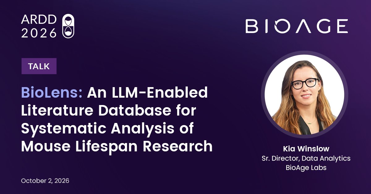bioagelabs's tweet photo. At BioAge, we believe in the power of longevity data to reveal new therapeutic targets — and we want to help geroscience researchers everywhere get more out of the science that's already been done in our field. Here's one example:

The mouse lifespan literature is vast and full of scientific treasure, but much of its value is locked away in individual figures and methods sections. In her talk at @ARDD_meeting today, BioAge's Senior Director of Data Analytics Kia Winslow introduces BioLens, an LLM-enabled database built to unlock that value. Using AI-powered approaches, Kia and team screened the literature to extract structured data from more than a thousand key papers.

BioLens lets researchers ask field-wide questions: which interventions have been tested, how those studies were designed, and how results compare across mouse strains and sexes.

We'll be making BioLens freely available to the research community, one way we're putting frontier AI to work for the longevity field as a whole: https://t.co/qzoPhbq3AM

Many thanks to our collaborators @UriAlonWeizmann  and Tomer Levy from @WeizmannScience!

BioAge is a proud sponsor of ARDD 2026, running October 1–3 at Harvard University. Learn more: https://t.co/UtcM0zl0dI