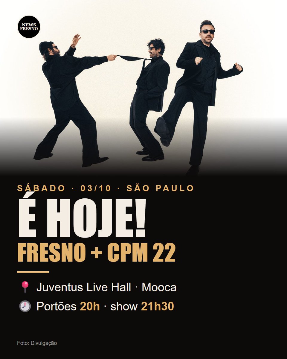 NewsFresno's tweet photo. É HOJE! 🔥 Fresno + CPM 22 no Juventus Live Hall, na Mooca (SP).

🕗 Portões 20h · show 21h30
🎟️ Ingressos: https://t.co/4ryAq1hHNM

Quem vai? 👇

#Fresno #CPM22 https://t.co/T2rWxS99GX