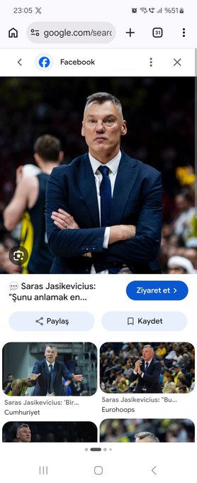 Google search results for 'Sar...', showing an image of basketball coach Sarunas Jasikevicius in a suit with crossed arms, and result snippets in Turkish.
