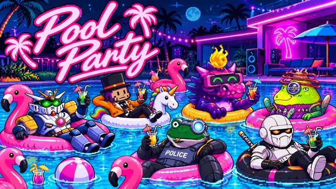 A vibrant, pixel-art style digital illustration titled 'Pool Party' featuring various cartoon characters—including a Gundam robot, a frog in police gear, and a white armored figure—relaxing in a neon-lit swimming pool on inflatable floats.