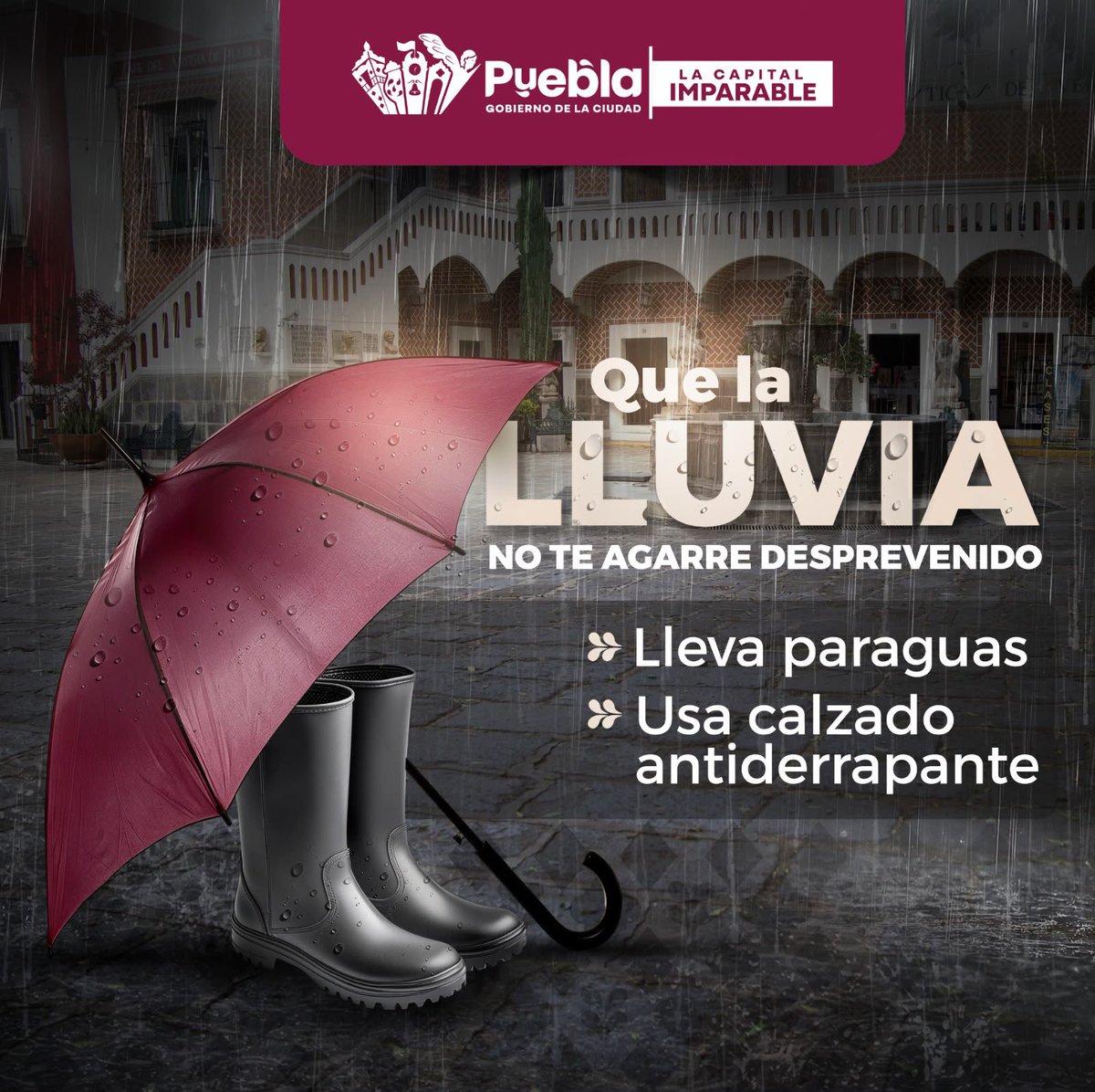 PueblaAyto's tweet photo. Evita resbalones y sorpresas. 👟 ☔ 
Si sales hoy, toma las medidas necesarias. 

Tu seguridad es primero 🌧️.

#lluvia #puebla https://t.co/lcq6mpwxnz