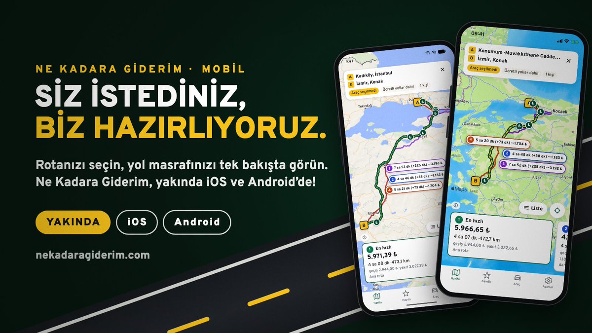 NeKadaraGiderim's tweet photo. “Uygulaması yok mu?” diye sordunuz, biz de kolları sıvadık! 📱

Ne Kadara Giderim, yakında iOS ve Android’de!

Rotanız, gişeler ve toplam yol masrafınız tek ekranda. 🛣️

Peki, uygulamada hangi özellikleri görmek istersiniz? Önerilerinizi yorumlara bekliyoruz! 💬 https://t.co/ZKR9ztlNsz