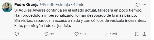 EcEnDirecto's tweet photo. #ATENCIÓN 
El abogado @PedritoExtranja enfatizó que si Aquiles Alvarez continúa en el estado actual, "fallecerá en poco tiempo". 
"Han procedido a impersonalizarlo, lo han despojado de lo más básico. Sin visitas, rapado, sin acceso a nada y con cólicos de vesícula incesantes. Esto, por ningún lado es justicia", subrayó.