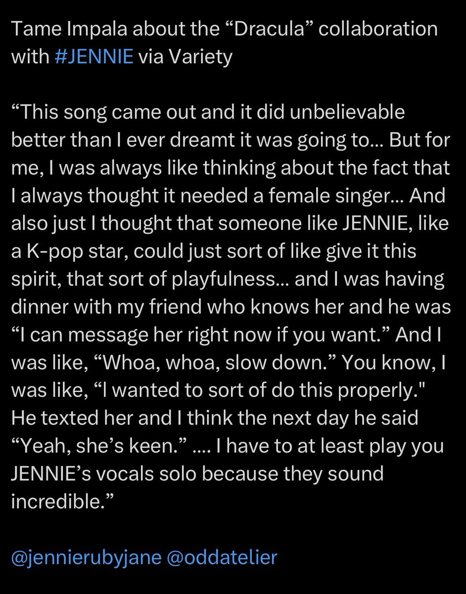TaennieHQ's tweet photo. He came to Korea and we had mutual friend - Jennie 🧛🏻‍♀️

I was having dinner with a friend who knows her and HE was like “i can message her right now if you want” - Tame Impala 🧛

Of course the Mutual friend is HE, HIM! 🤭 https://t.co/YvUAPGKMOL