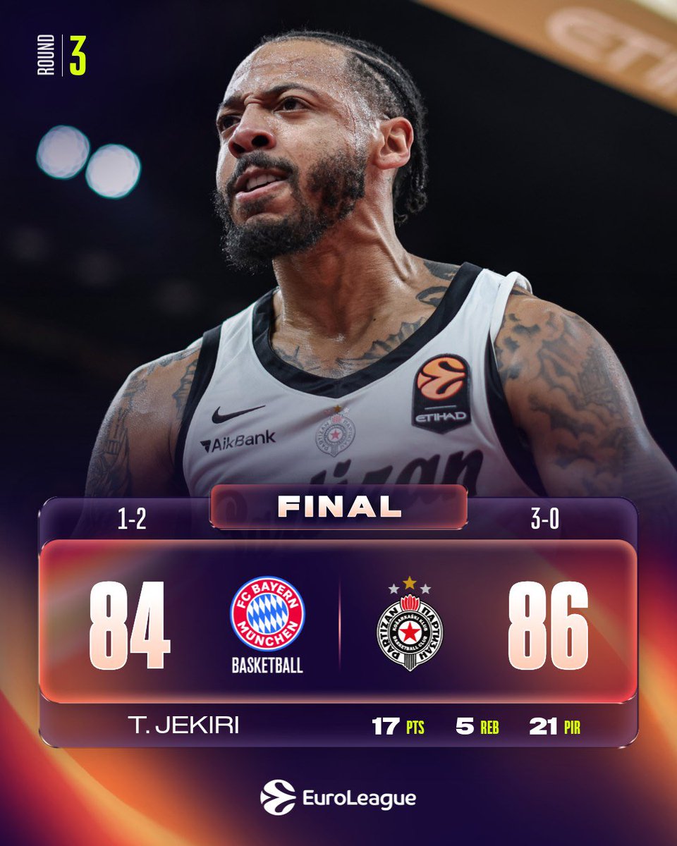 EuroLeague's tweet photo. And they make it 3-0 💯

Perfect record for @PartizanBC ✔️

#EveryGameMatters https://t.co/x5ad3h4zko