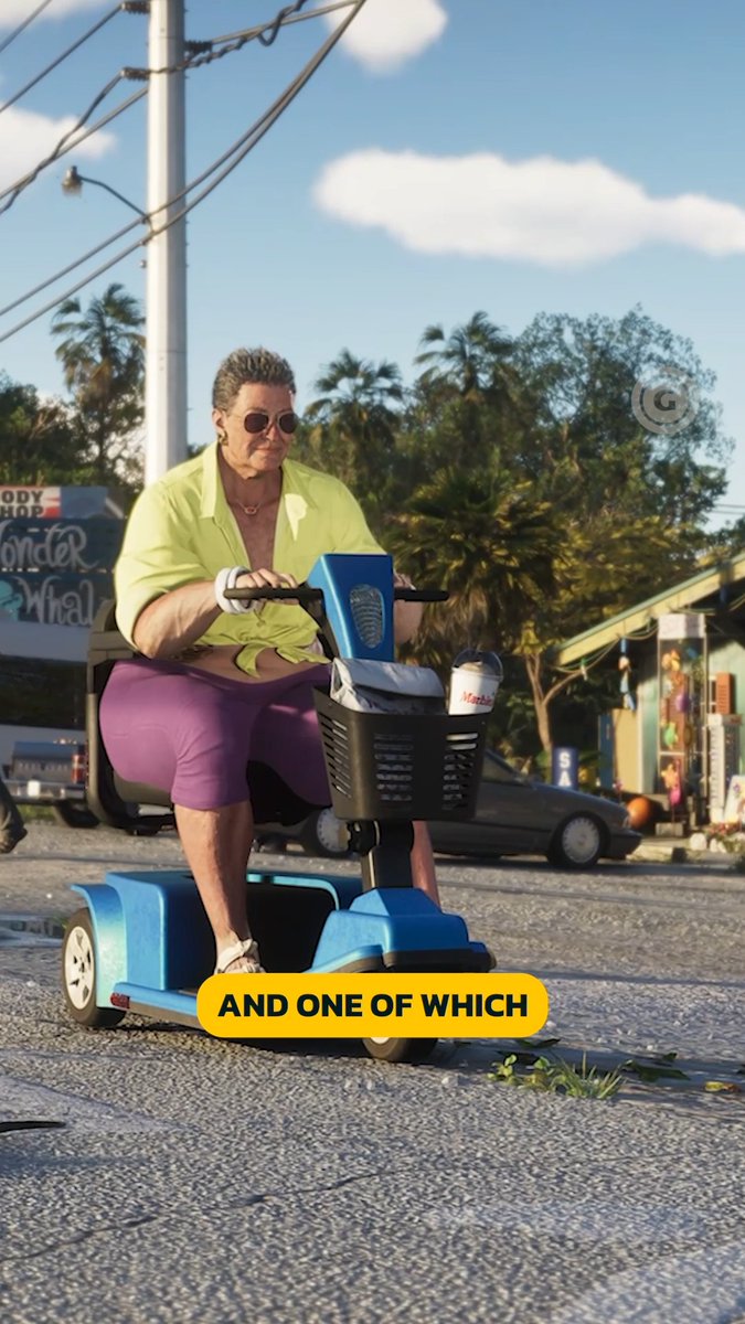 A woman wearing a bright yellow shirt and purple pants rides a blue mobility scooter down a sunny street with palm trees, as text at the bottom reads "AND ONE OF WHICH," illustrating the diverse, location-influenced NPC designs of GTA 6's Leonida setting.