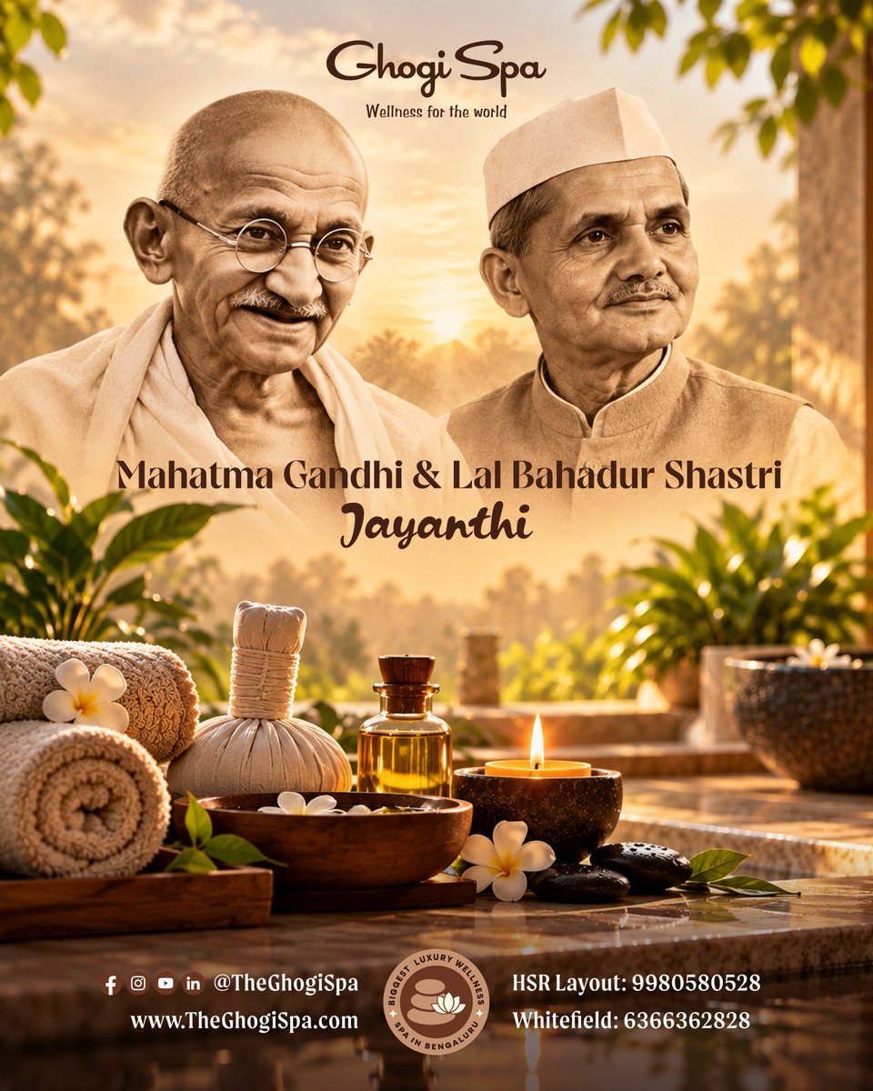 TheGhogiSpa's tweet photo. Mahatma Gandhi &amp; Lal Bahadur Shastri Jayanti 🇮🇳

Ghogi Spa wishes everyone in Bengaluru a peaceful and meaningful Gandhi Jayanti.

🌐 https://t.co/8Ph3Z1ByPi
#GandhiJayanti #LalBahadurShastriJayanti #PeaceWithin #GhogiSpa #Bengaluru https://t.co/nVImSiPdFh