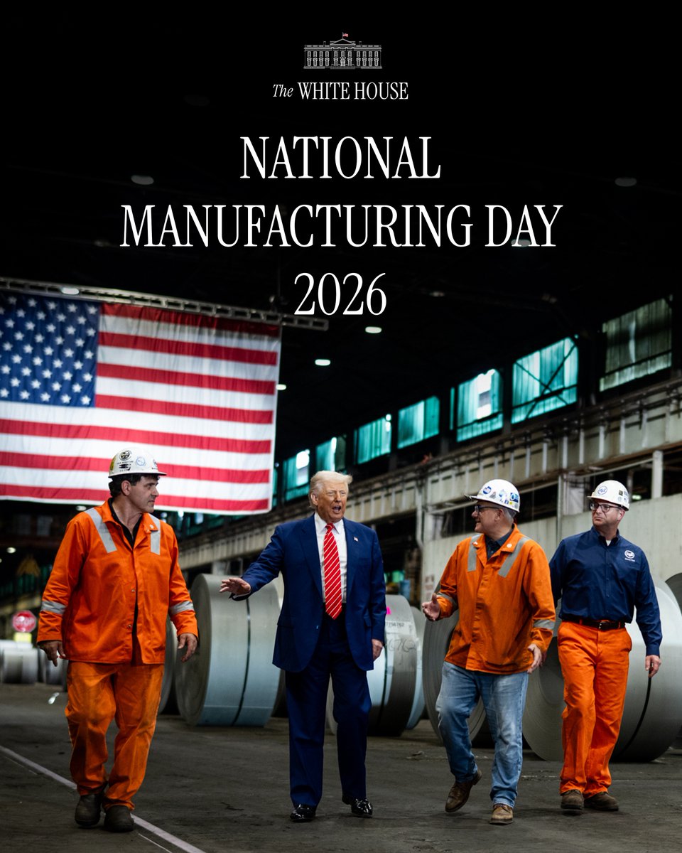 WhiteHouse's tweet photo. For 250 years, American workers have been the driving force behind our Nation’s strength &amp; industrial might.

On National Manufacturing Day, we honor the men &amp; women who make, build, &amp; create in America — &amp; we celebrate the extraordinary COMEBACK of American manufacturing. 🇺🇸 https://t.co/kkFrjeKqi8