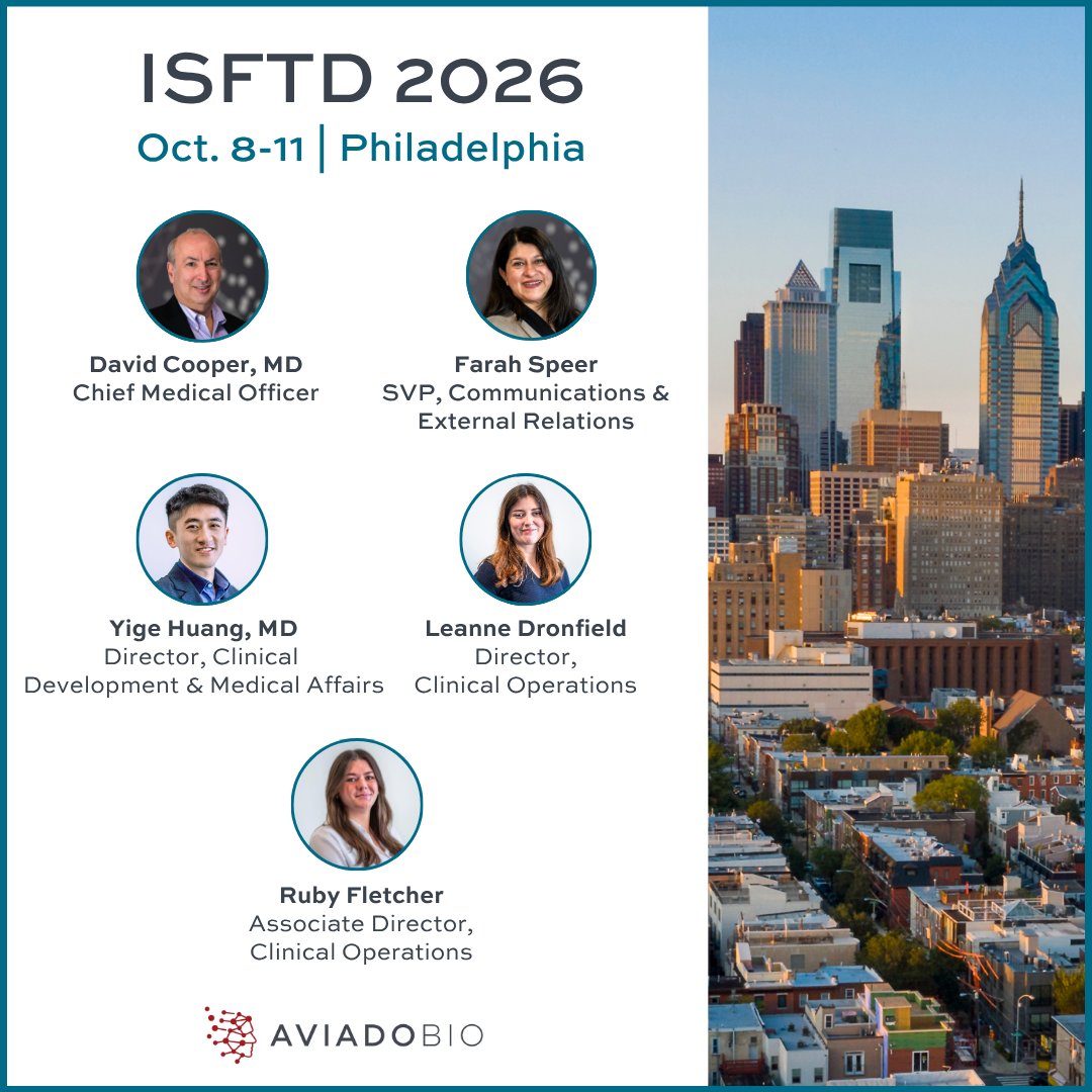 AviadoBio's tweet photo. As World FTD Awareness Week comes to an end, this momentum carries us into #ISFTD2026.

#TeamAviadoBio will be onsite with the FTD community, where we’ll share additional data from our Phase 1/2 ASPIRE-FTD trial evaluating AVB-101 for FTD-GRN.

If you’ll be there, let’s connect. https://t.co/8bFbMkDuBG