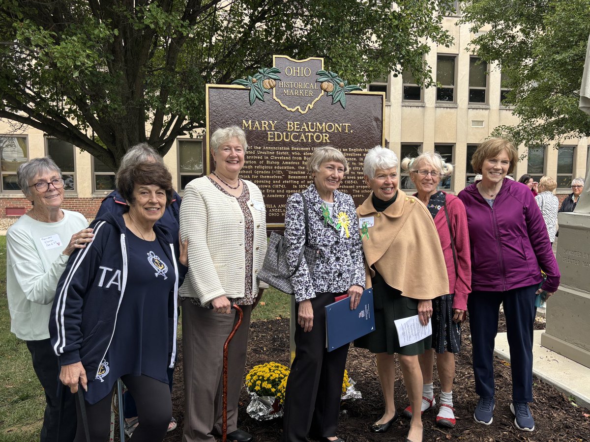 VASJHighSchool's tweet photo. ☀️ #VASJ celebrated the legacy of Mother Mary Beaumont, OSU, today with the dedication of an Ohio Historical Marker. Alumni proudly sang the Villa Angela Alma Mater as we honored her lasting impact on Catholic education in Cleveland. #VillaAngela https://t.co/nKV3Je8fZL