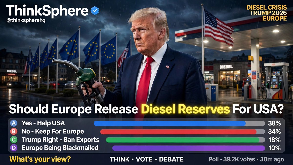 thinkspherehq's tweet photo. Trump Forces Europe to Release DIESEL Reserves! ⛽🇺🇸🇪🇺

Record $2/litre prices in UK, Trump threatens US export ban to save American drivers before midterms. Europe agrees to release "massive amount" - is it help or blackmail?

A) Yes - Help USA 38%
B) No - Keep For Europe 34%
C) Trump Right - Ban Exports 18%
D) Europe Being Blackmailed 10%

What's YOUR view? A, B, C or D? 👇

#Trump2026 #DieselCrisis #Europe #USA #UK #FuelPrices #ThinkSphere