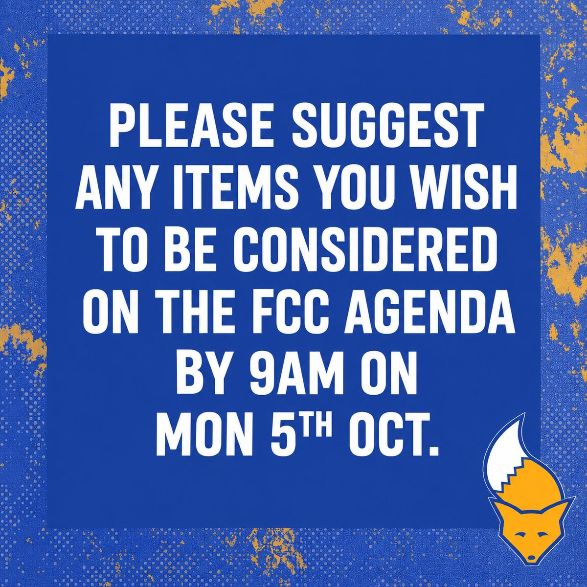foxestrust's tweet photo. The Trust will be at the next #LCFC Fan Consultative Committee (FCC) later this month.

Please suggest any items you wish to be considered on the FCC agenda by 9am on Mon 5th Oct. Message us on here or email enquiries@foxestrust.co.uk https://t.co/UaIftUvUhr