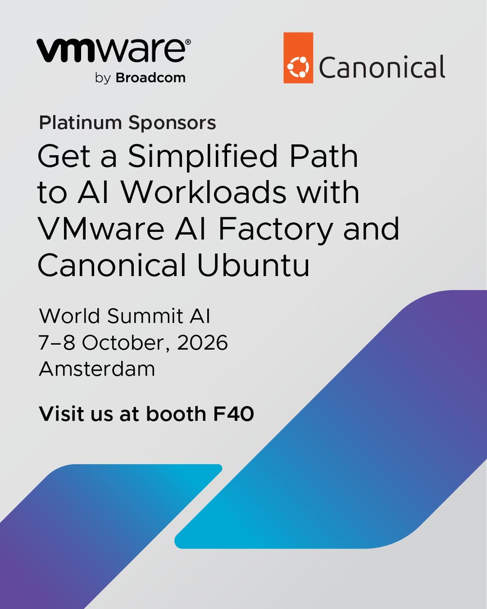 vmwarevcf's tweet photo. What happens when the leading cloud OS meets turnkey AI infrastructure?

Canonical &amp; VMware by Broadcom are co-sponsors at World Summit AI!

Details below! Come meet the team at booth F40! https://t.co/XZvAwgJGeK
