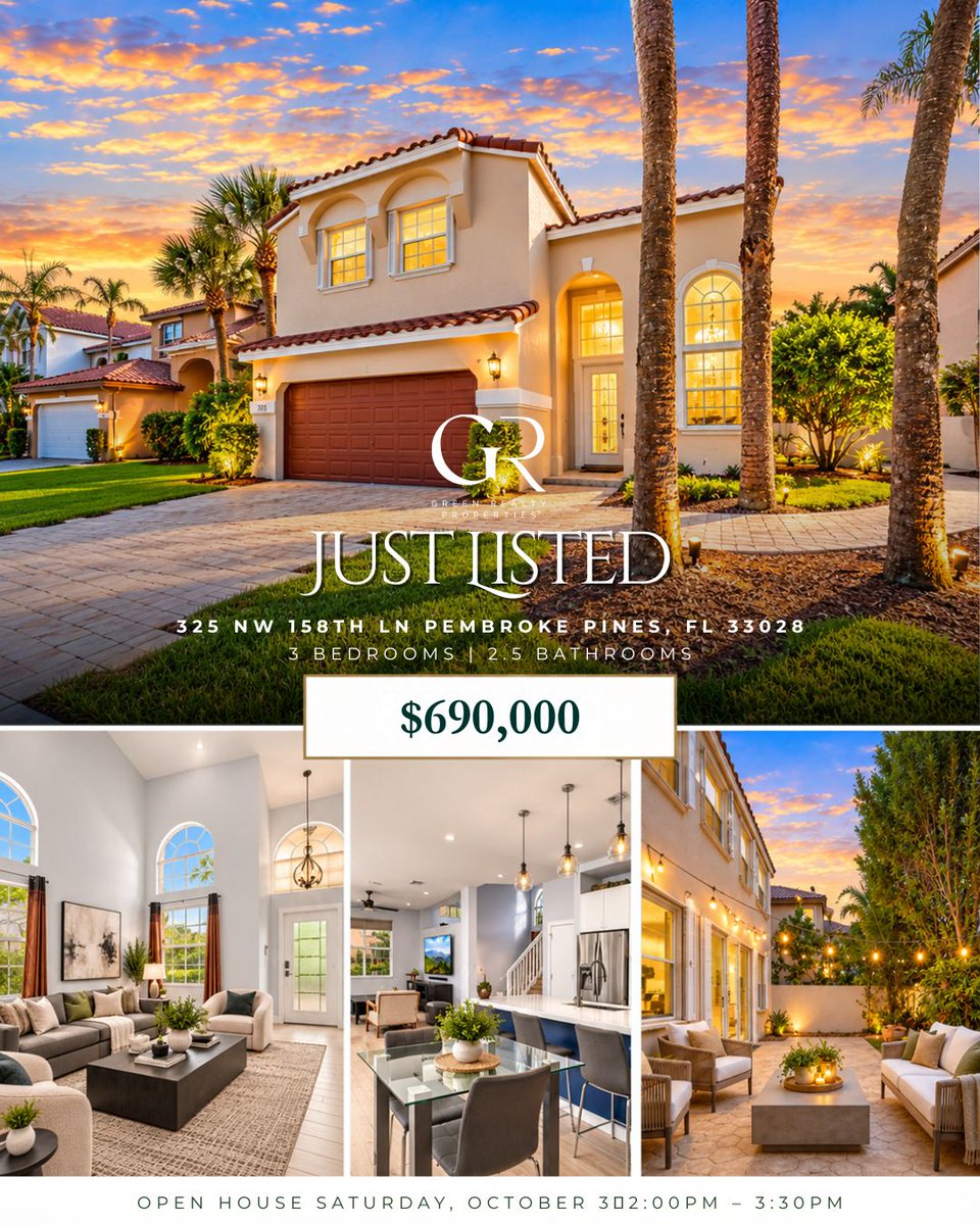 GreenRealtyFL's tweet photo. Two fresh listings open this Saturday. 🏡

West Pembroke Pines: 3 bedrooms, 2.5 bathrooms in Governor’s Run at Towngate, offered at $690,000.

Hollywood: 3 bedrooms, 2 bathrooms, 2020 roof and no HOA, offered at $525,000. https://t.co/ItNysZoFVs