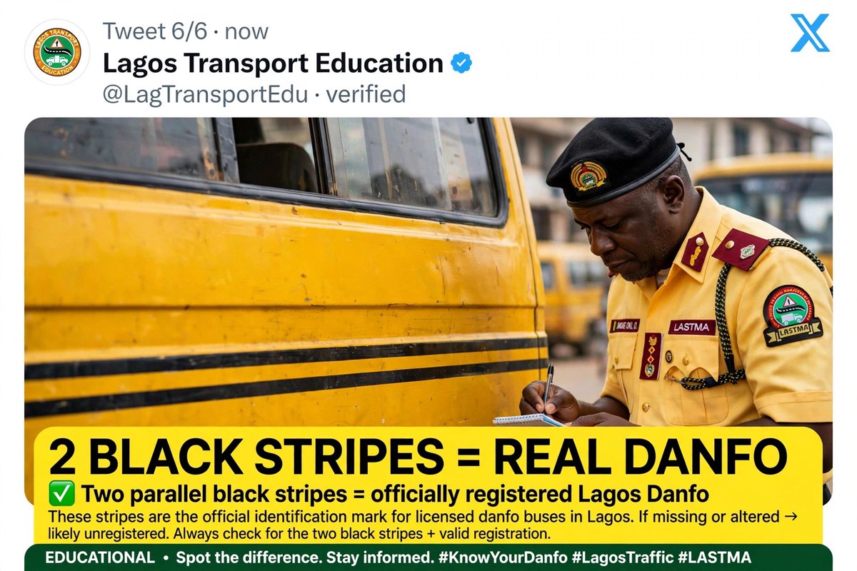 Solihmarstv's tweet photo. What the black stripes mean?

They were included so you can't cheat. 

Private car owners were painting their cars yellow to enter BRT lane. The 2 black lines became the official seal of commercial In the state 

No stripes = Not a real danfo https://t.co/21NIlI9qMg