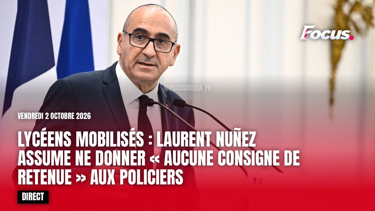 FocusMedia_Fr's tweet photo. 🇫🇷👮‍♀️ FLASH — LYCÉENS MOBILISÉS : LAURENT NUÑEZ ASSUME NE DONNER « AUCUNE CONSIGNE DE RETENUE » AUX POLICIERS

En pleine colère après plusieurs lycéens blessés, le ministre de l’Intérieur affirme ne donner « aucune consigne de retenue », ni de consigne visant à ne pas utiliser « tout l’armement intermédiaire à disposition » des forces de l’ordre.

Une déclaration qui intervient alors qu’un adolescent de 16 ans à Tours a perdu l’usage d’un œil, avec des lésions que la procureure dit compatibles avec l’impact d’un LBD.

Source : BFMTV
