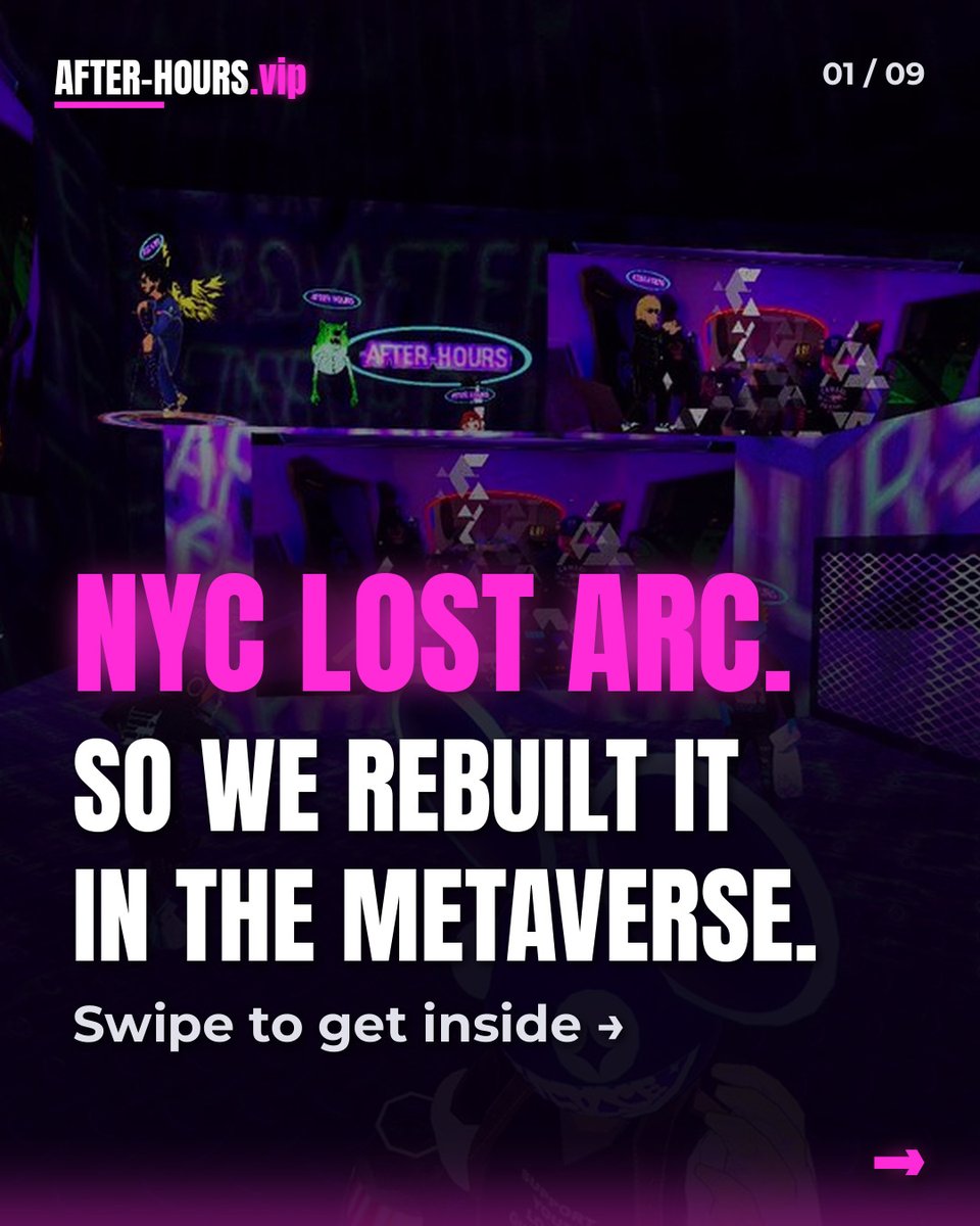 AFTERHOURS_vip's tweet photo. NYC lost ARC. So we rebuilt it in the metaverse. 🪩

How to get in: reply or DM PORTAL 🌀 and we'll DM you the link straight into 4RC Night Club.

⚠️ Follow @afterhours_vip first, or we can't DM you the link.

Metaverse AFTER-HOURS 💃🪩🕺
Media by @Rythmesaint https://t.co/qC8oKMJU1a