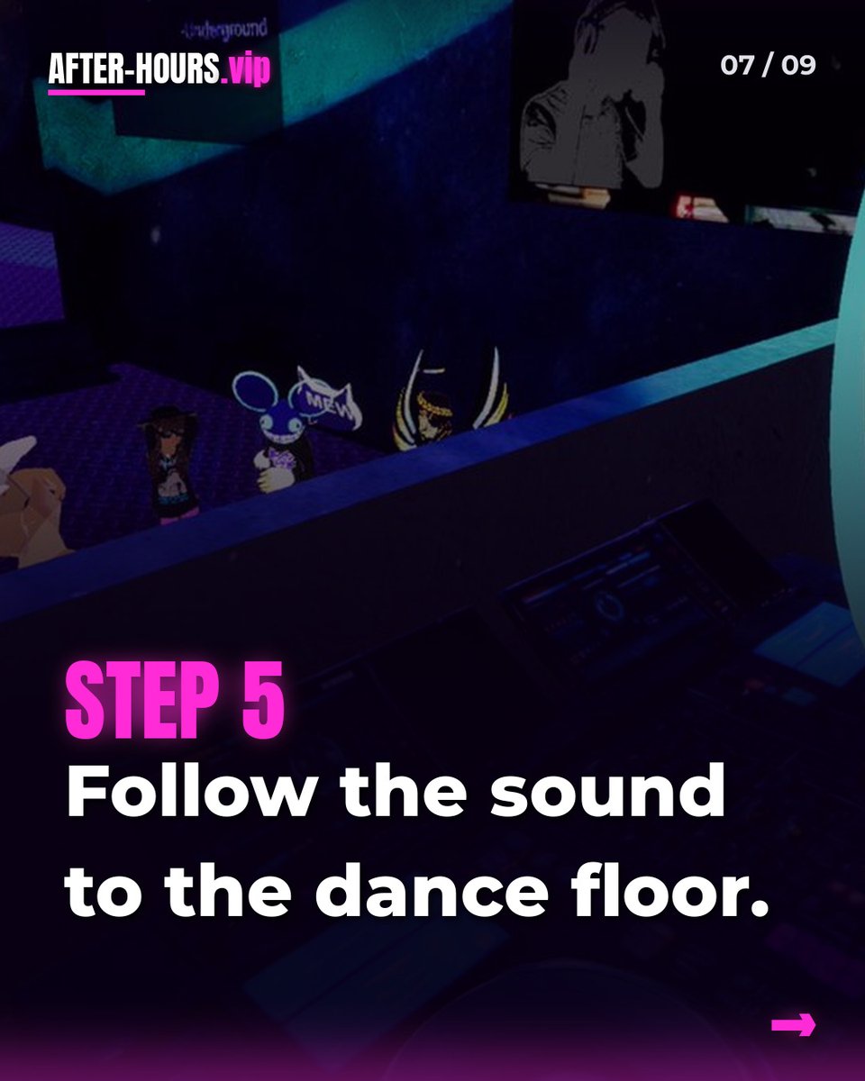 AFTERHOURS_vip's tweet photo. Steps 3–5 👇 Explore as guest (or connect a wallet), build your avatar, then follow the sound to the dance floor. Every Saturday, 10 PM EST / 2 AM UTC. https://t.co/OKBRfiNJhe