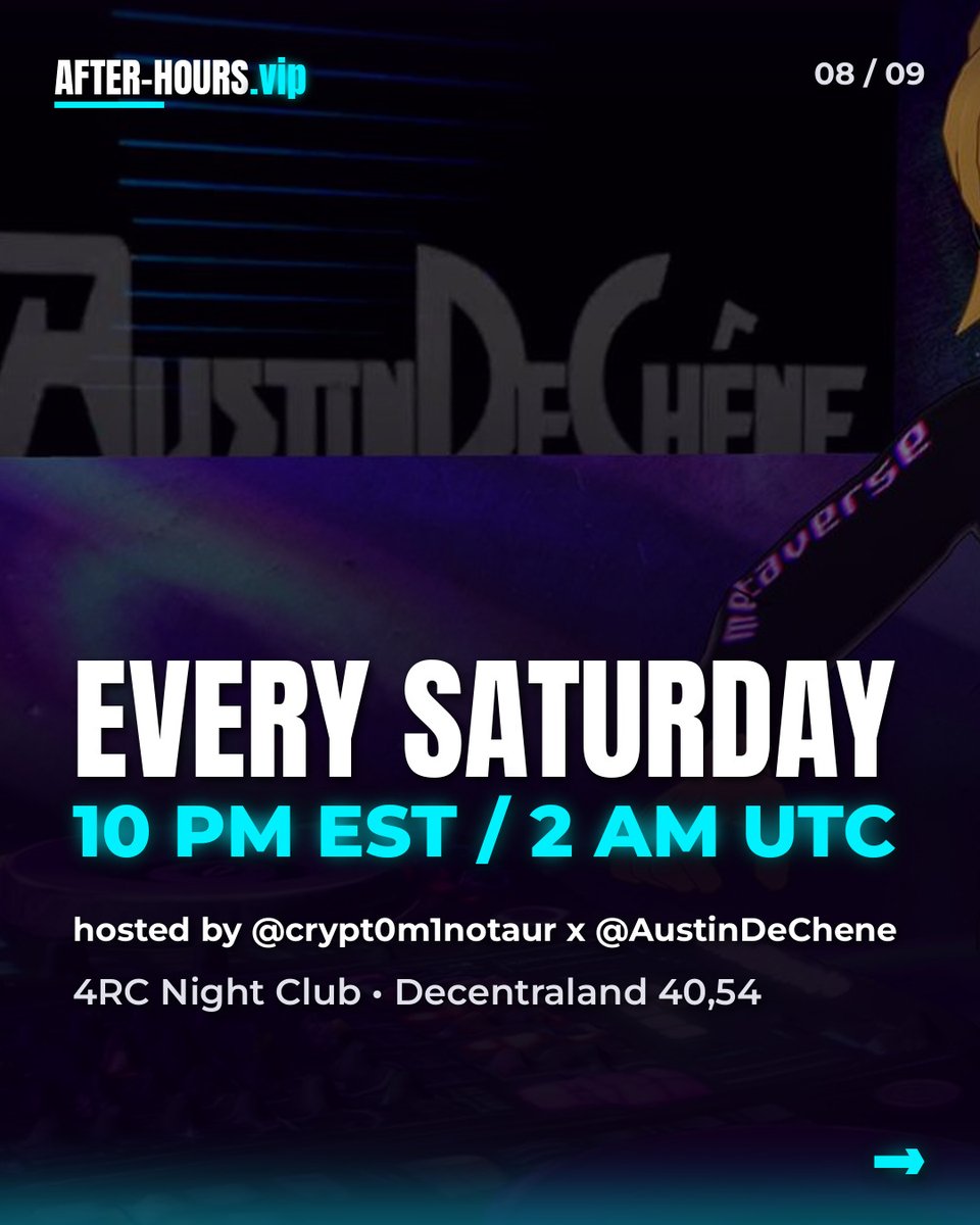 AFTERHOURS_vip's tweet photo. Steps 3–5 👇 Explore as guest (or connect a wallet), build your avatar, then follow the sound to the dance floor. Every Saturday, 10 PM EST / 2 AM UTC. https://t.co/OKBRfiNJhe