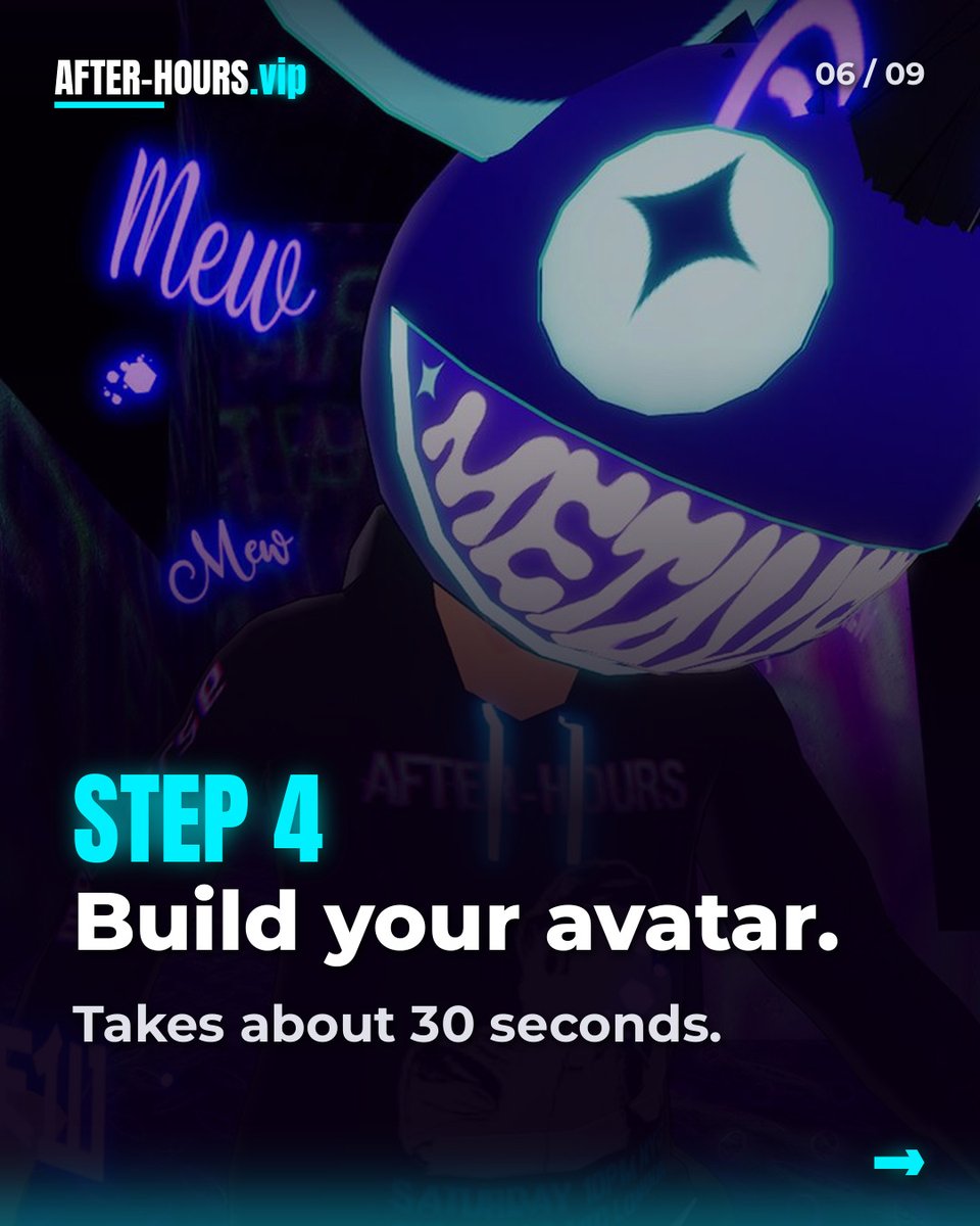 AFTERHOURS_vip's tweet photo. Steps 3–5 👇 Explore as guest (or connect a wallet), build your avatar, then follow the sound to the dance floor. Every Saturday, 10 PM EST / 2 AM UTC. https://t.co/OKBRfiNJhe