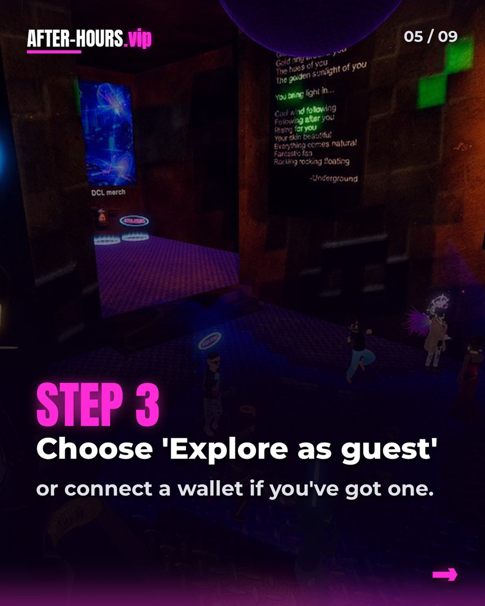 AFTERHOURS_vip's tweet photo. Steps 3–5 👇 Explore as guest (or connect a wallet), build your avatar, then follow the sound to the dance floor. Every Saturday, 10 PM EST / 2 AM UTC. https://t.co/OKBRfiNJhe