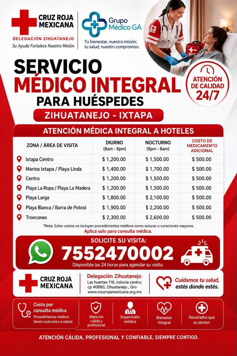 ixyzih's tweet photo. 🚨🚑🩸💉Servicio Médico de Confianza para Hoteles – #CruzRoja #Zihuatanejo 🏨🩺

¿Tiene algún huésped sintiéndose mal o que requiera un chequeo general? En la Cruz Roja Delegación Zihuatanejo ofrecemos el servicio de consulta médica general a domicilio e instalaciones hoteleras.

Garantice una experiencia segura y de calidad en su hotel.

Para programar una visita médica o solicitar informes de disponibilidad, contáctenos directamente al 755 554 2009 o 755 2470002 visítenos en Cruz Roja Zihuatanejo.
