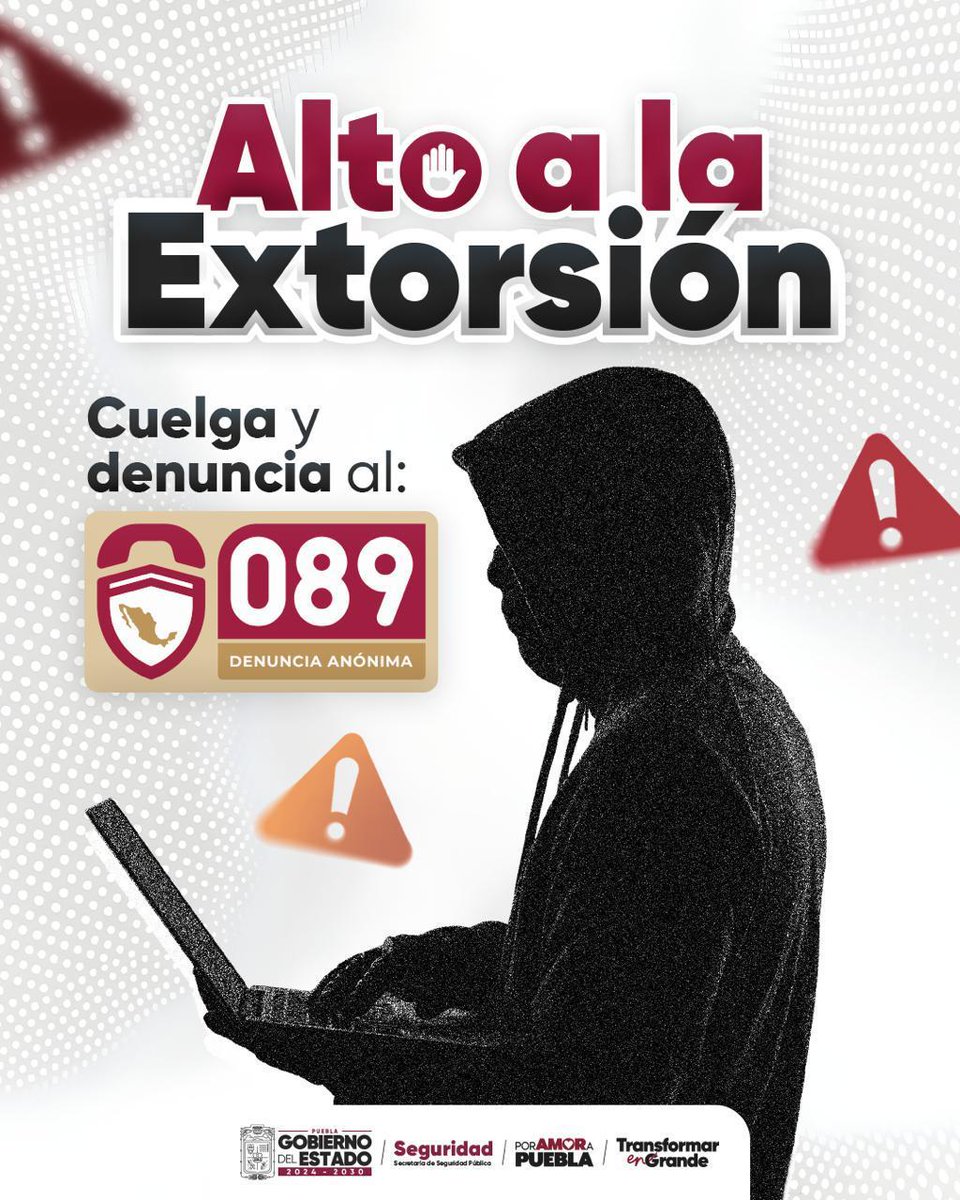 UNICREAPue's tweet photo. 📞 #AltoALaExtorsión | Cuelga y denuncia al 089

El @Gob_Puebla te cuida, ante una llamada de extorsión, cuelga, mantén la calma y denuncia de manera anónima.

#PorAmorAPuebla #TransformarEnGrande https://t.co/PS9F8ZUi2N