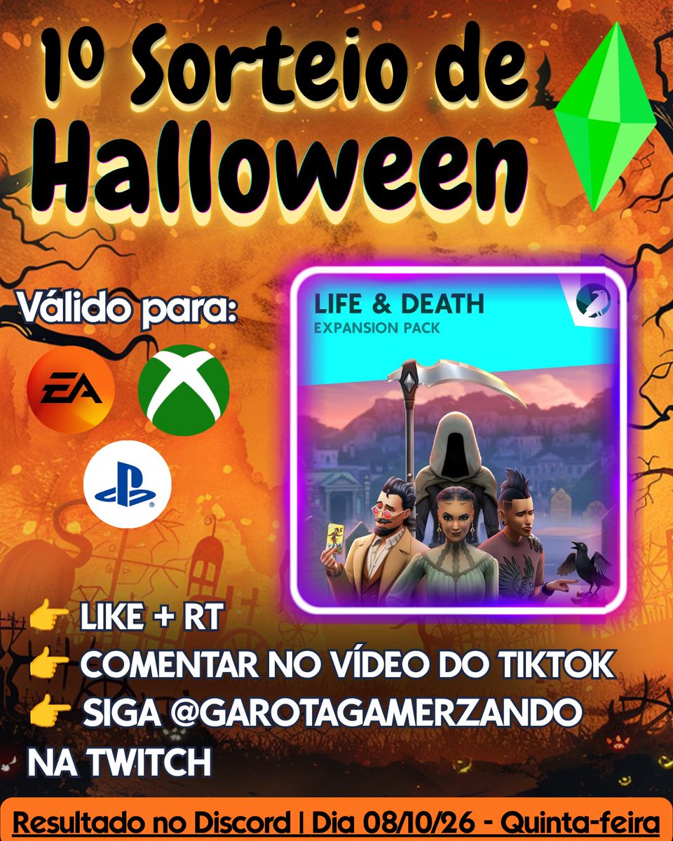 garotagamerz's tweet photo. 🎃 SORTEIO - LIFE &amp; DEATH 🎃

💀 1 código Pé na Cova

Obrigada, EA! #SponsoredByEA

Como participar:

✅ Like+RT aqui

✅ Deixa um comentário nesse vídeo do meu TikTok:
https://t.co/ftIsbVaBJA

✅ Siga garotagamerzando na Twitch

Resulta na live da quinta que vem 💜

#TheSims4 https://t.co/okKCvE28ir